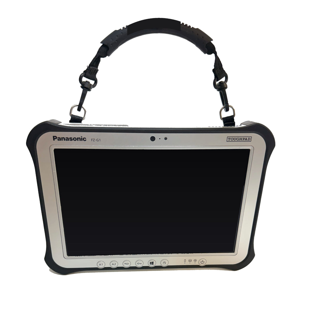 Panasonic Toughpad FZ-G1 MK5 Frontansicht mit montiertem Tragegriff – Hand-Strap-Version