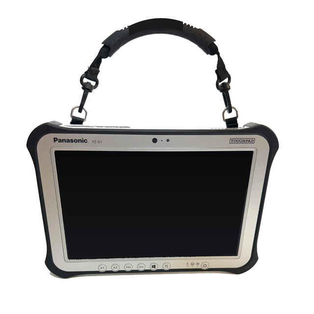 Panasonic Toughpad FZ-G1 MK5 Frontansicht mit montiertem Tragegriff – Hand-Strap-Version