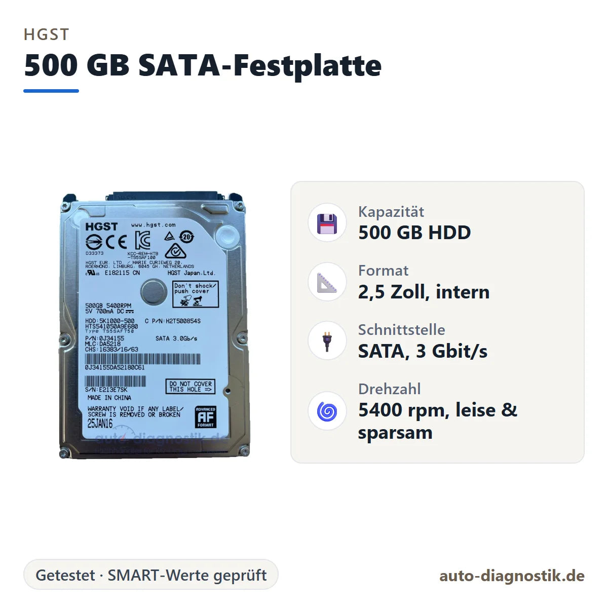 HGST 500 GB 2,5 Zoll SATA-Festplatte mit Übersicht der wichtigsten technischen Daten