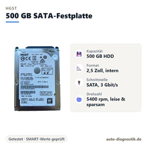 HGST 500 GB 2,5 Zoll SATA-Festplatte mit Übersicht der wichtigsten technischen Daten