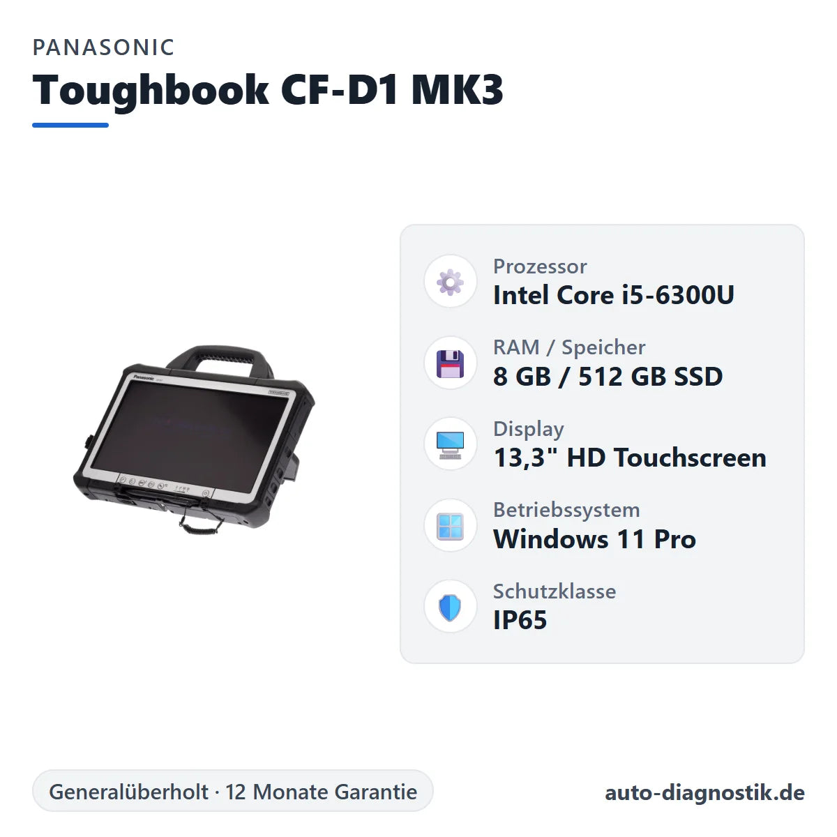 Panasonic Toughbook CF-D1 MK3 mit Übersicht der wichtigsten technischen Daten