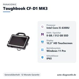 Panasonic Toughbook CF-D1 MK3 mit Übersicht der wichtigsten technischen Daten