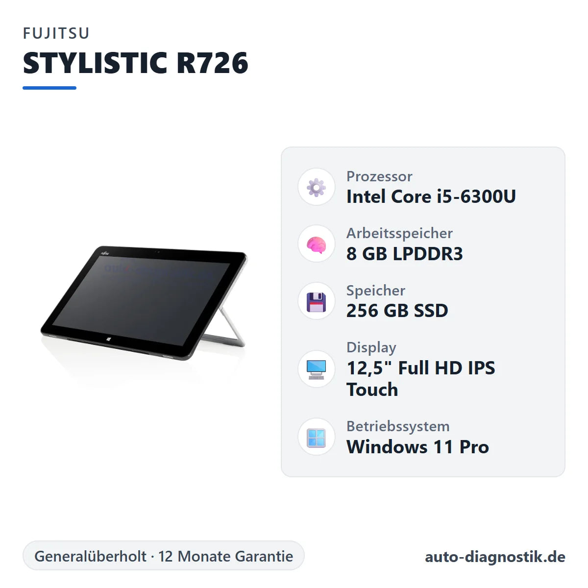 Fujitsu STYLISTIC R726 mit Übersicht der wichtigsten technischen Daten