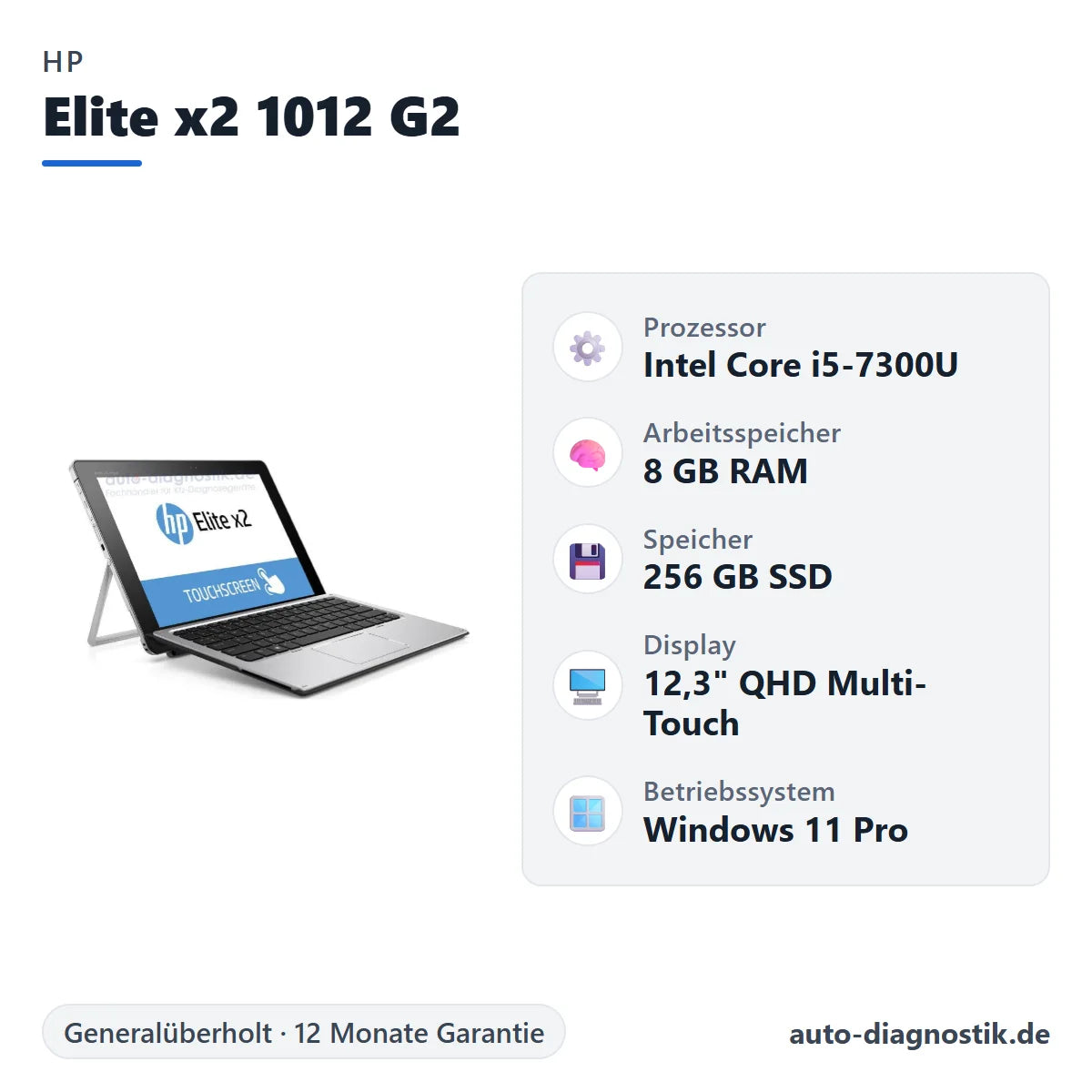 HP Elite x2 1012 G2 mit Übersicht der wichtigsten technischen Daten