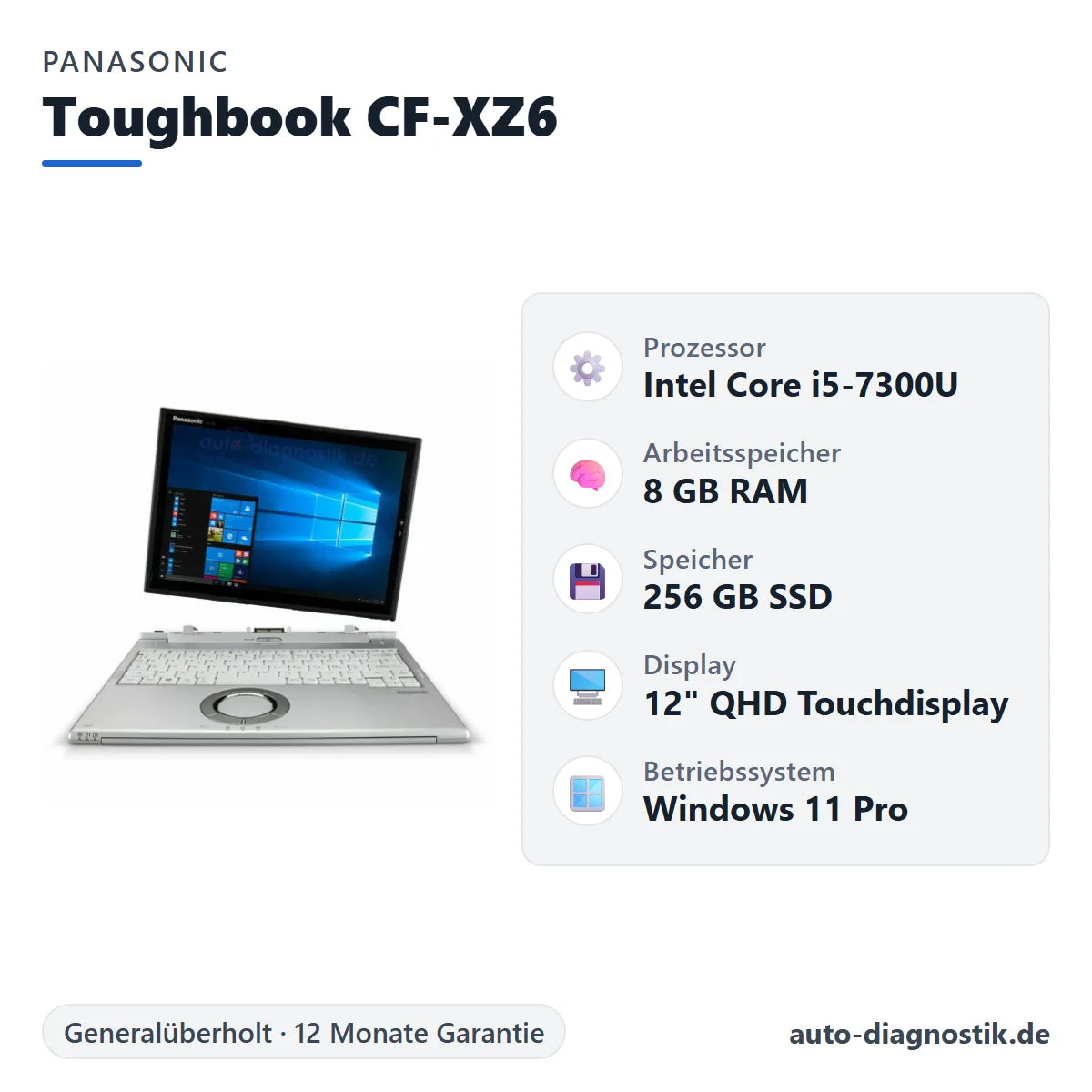 Panasonic Toughbook CF-XZ6 mit Übersicht der wichtigsten technischen Daten