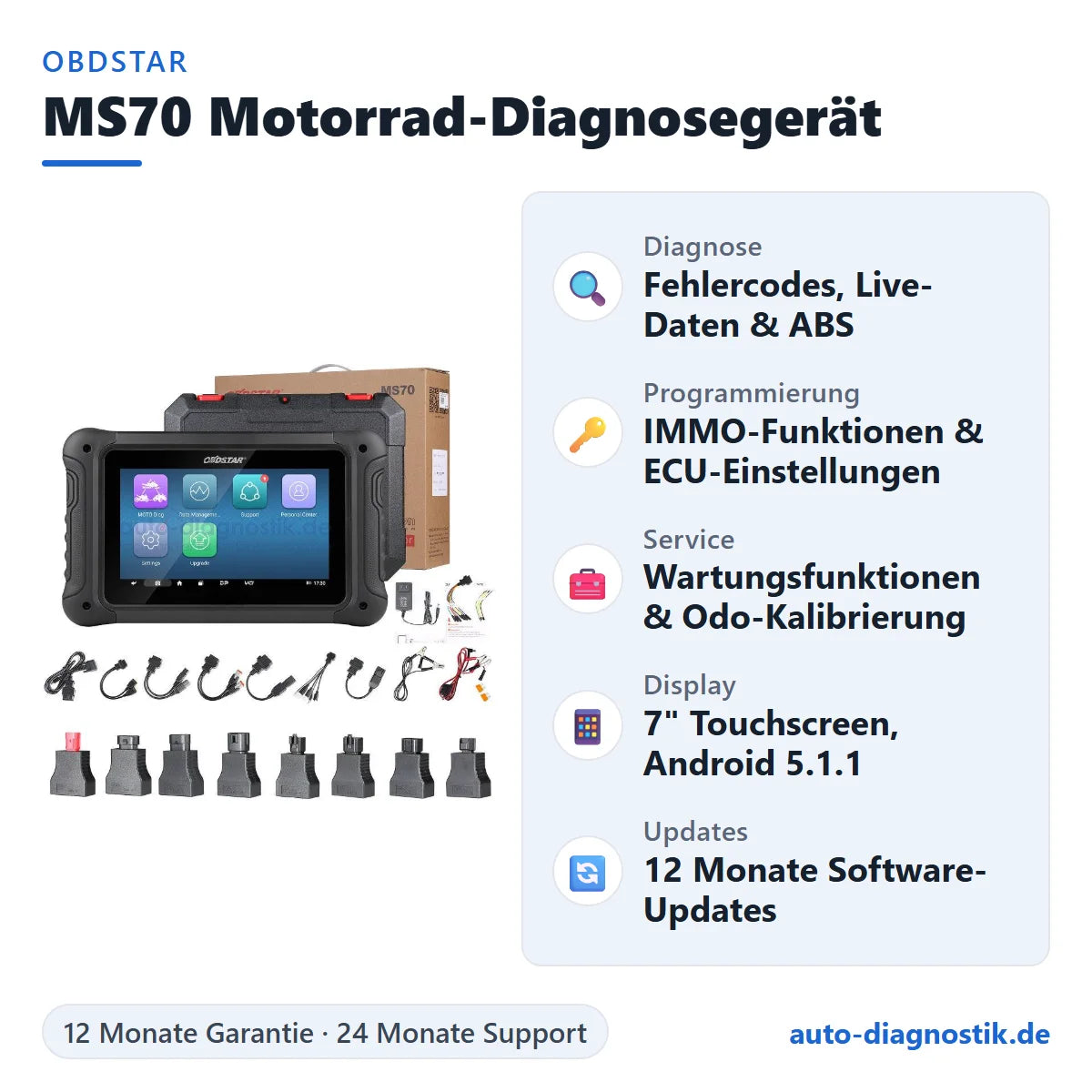 OBDSTAR MS70 Motorrad-Diagnosegerät mit Übersicht der wichtigsten Funktionen