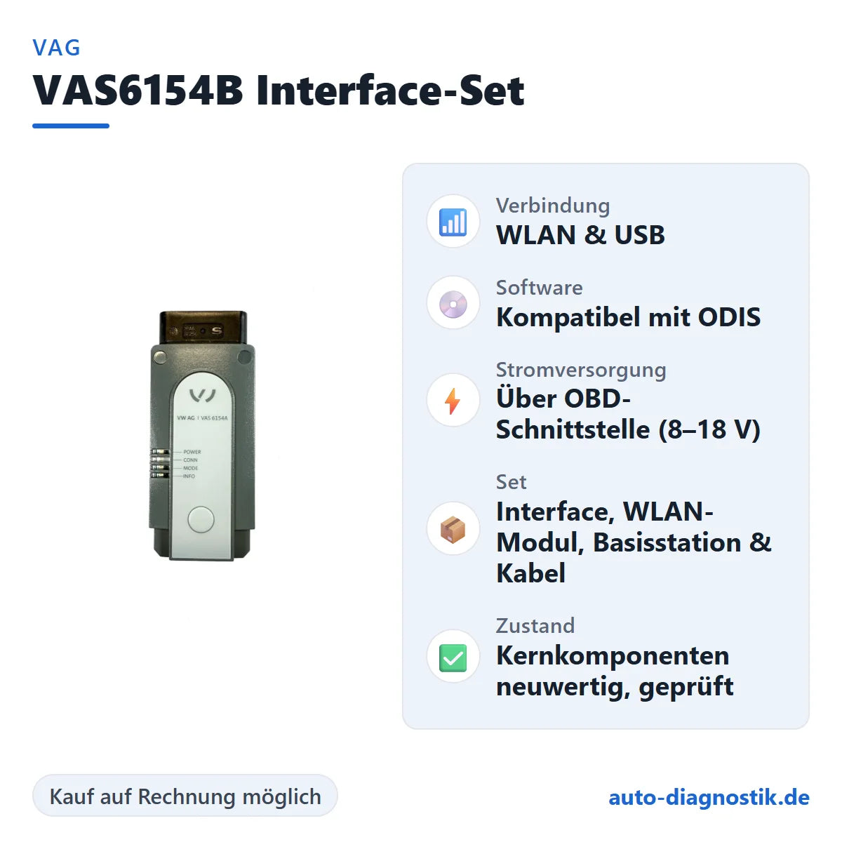Original VAS6154B Diagnose-Interface-Set mit Übersicht der wichtigsten Funktionen