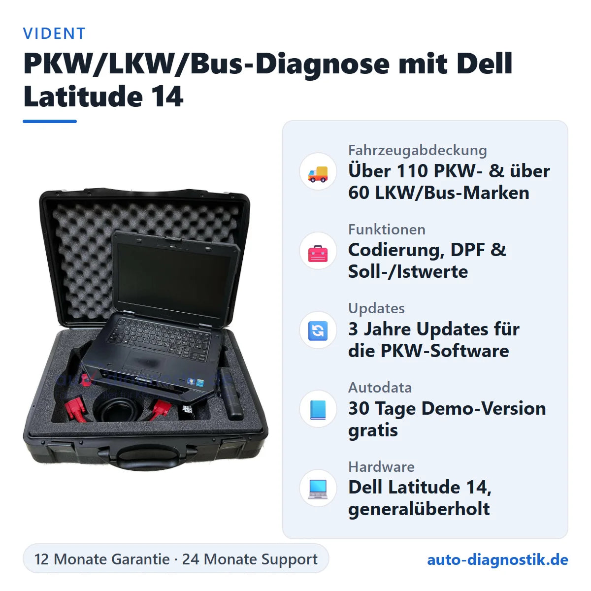 PKW LKW Bus Diagnosegerät mit Dell Latitude 14 mit Übersicht der wichtigsten Funktionen