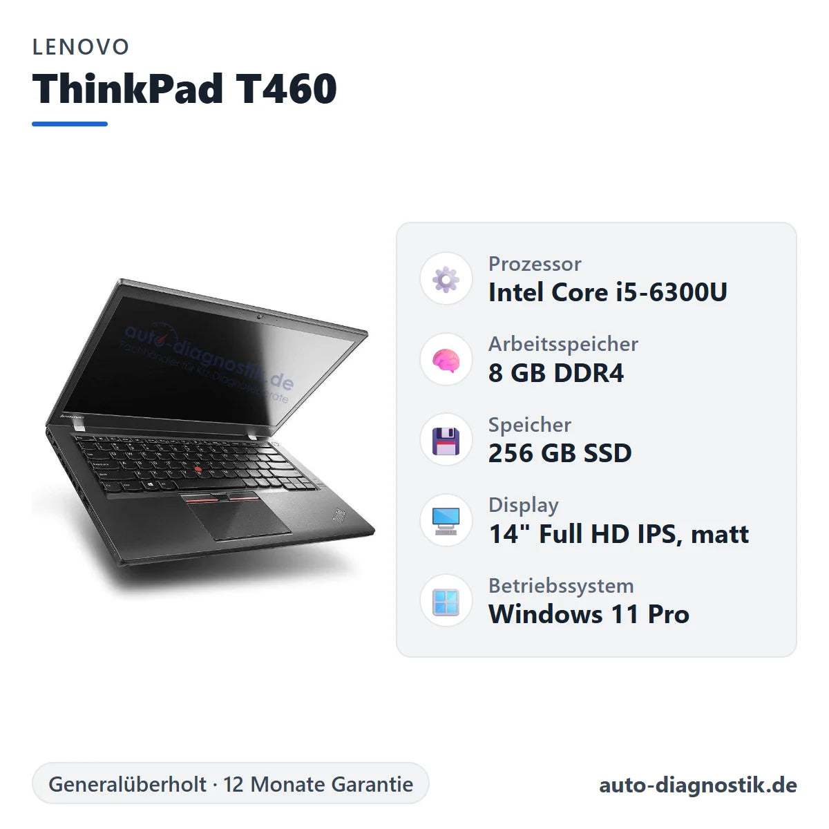 Lenovo ThinkPad T460 mit Übersicht der wichtigsten technischen Daten
