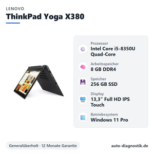 Lenovo ThinkPad Yoga X380 mit Übersicht der wichtigsten technischen Daten