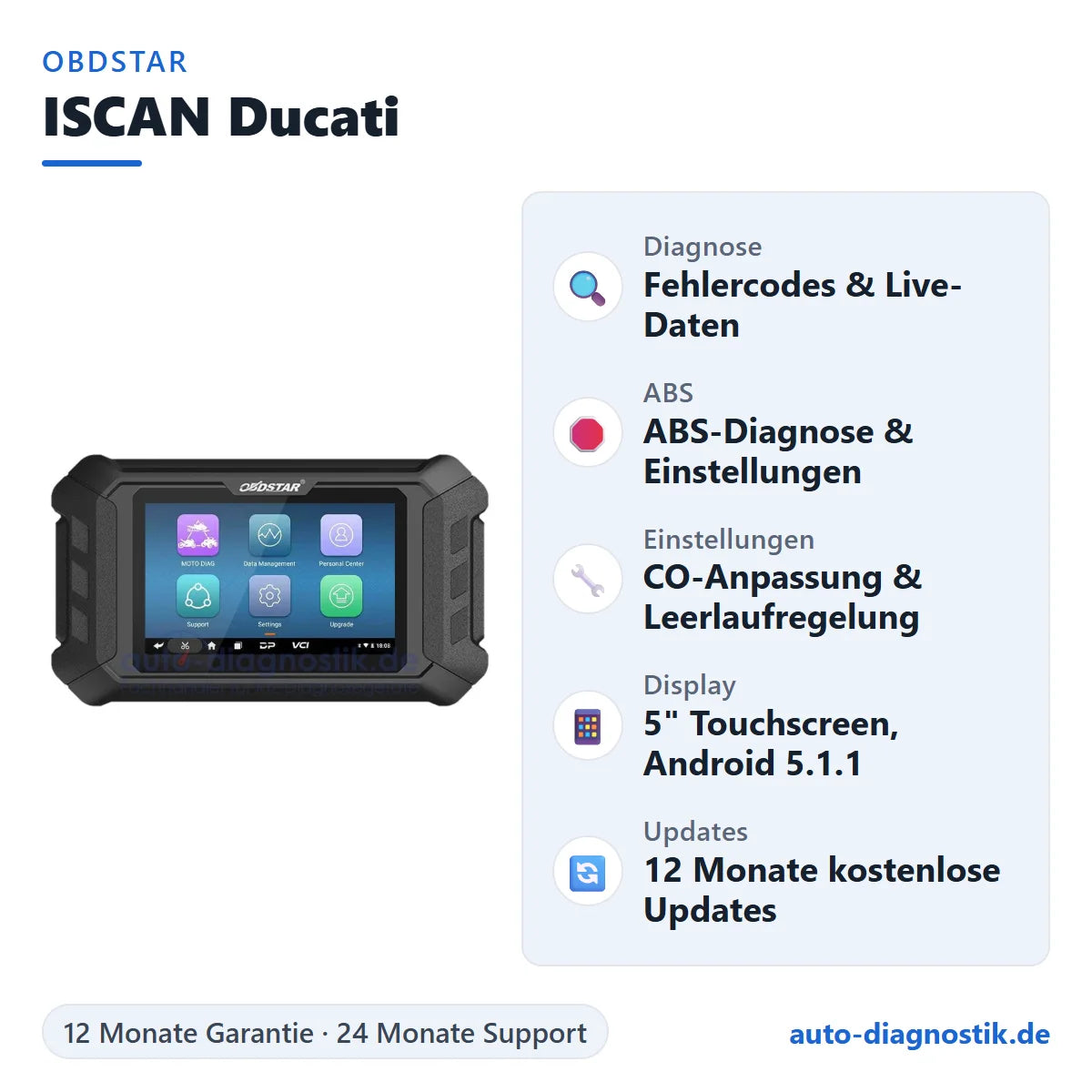 OBDSTAR ISCAN Ducati Motorrad Diagnosegerät mit Übersicht der wichtigsten Funktionen