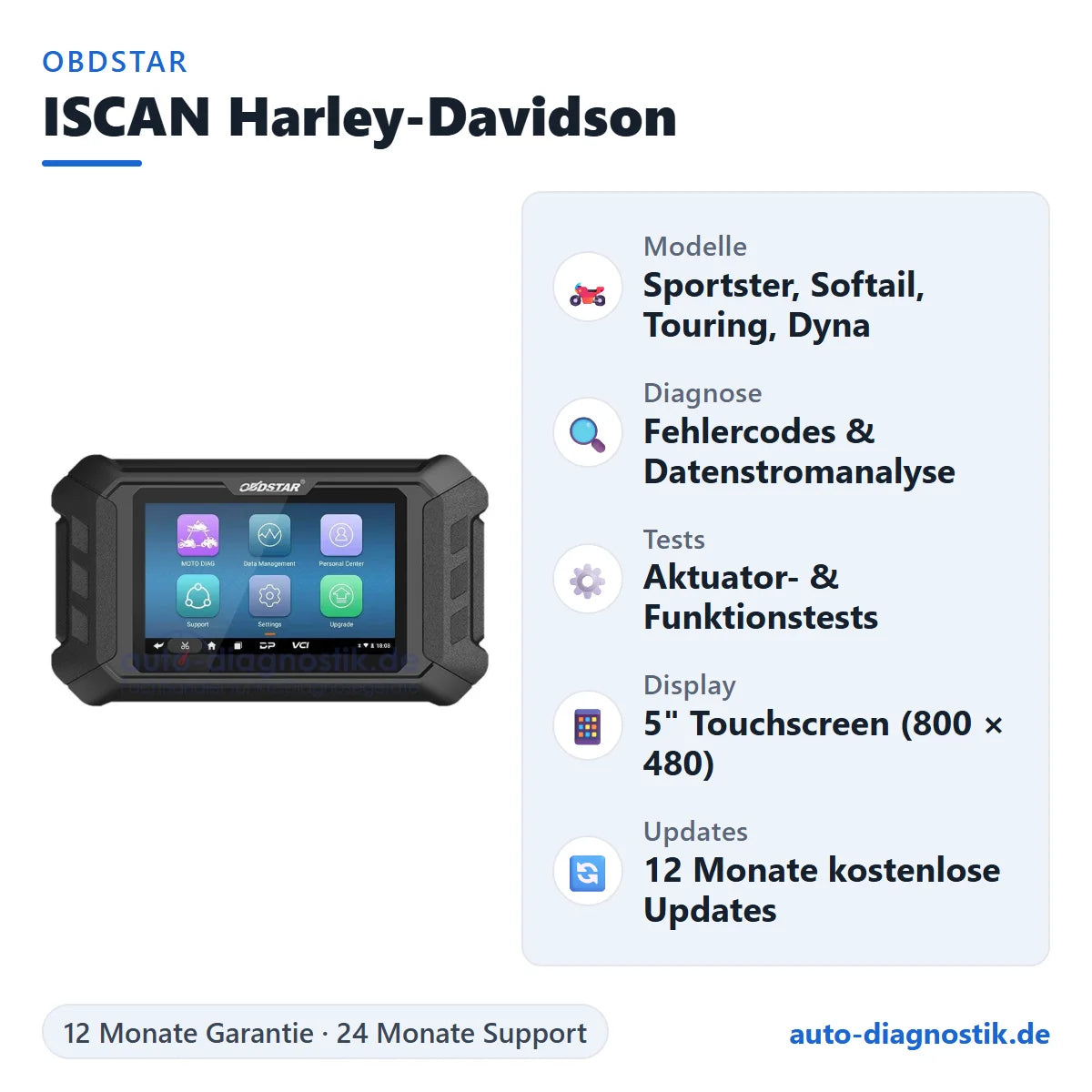 OBDSTAR ISCAN Harley-Davidson Motorrad Diagnosegerät mit Übersicht der wichtigsten Funktionen