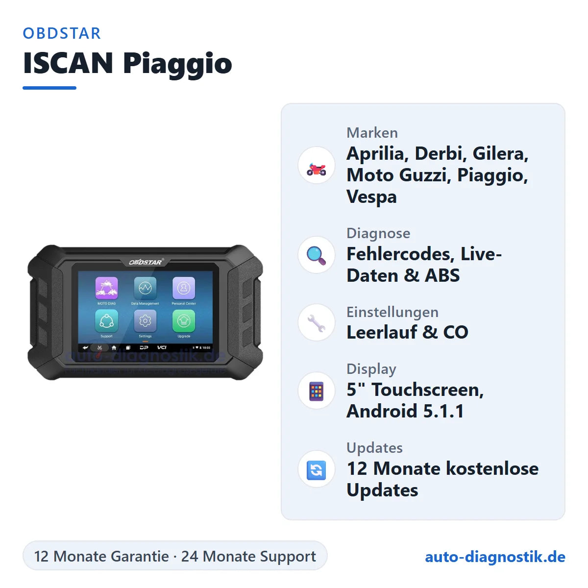 OBDSTAR ISCAN Piaggio Motorrad Diagnosegerät mit Übersicht der wichtigsten Funktionen