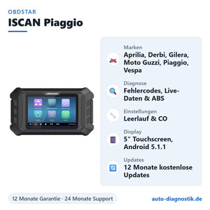 OBDSTAR ISCAN Piaggio Motorrad Diagnosegerät mit Übersicht der wichtigsten Funktionen
