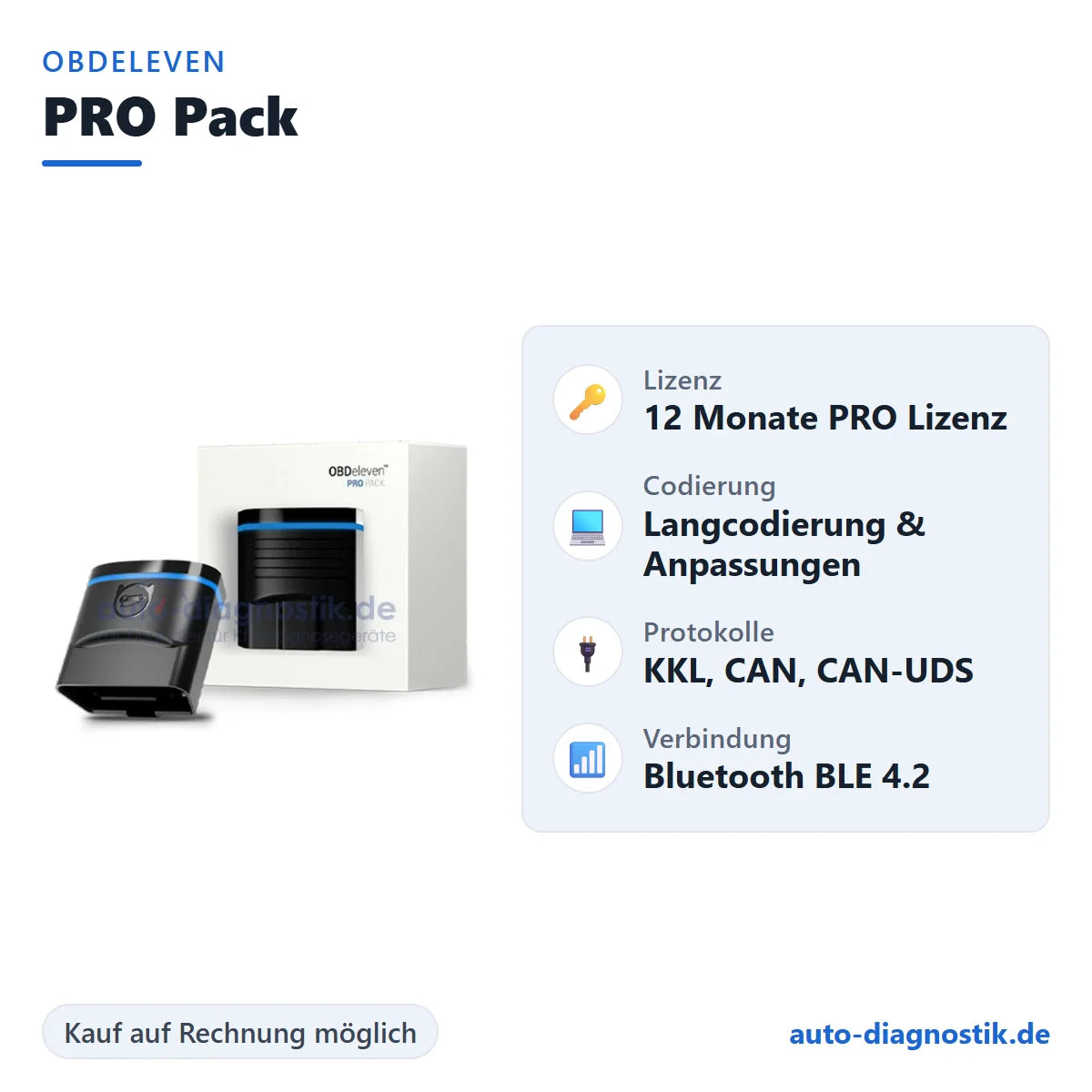 OBDeleven PRO Pack Diagnosegerät mit Übersicht der wichtigsten Funktionen