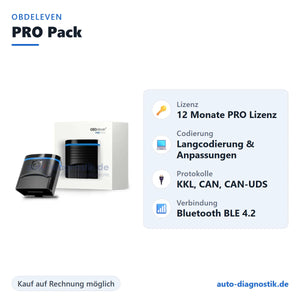 OBDeleven PRO Pack Diagnosegerät mit Übersicht der wichtigsten Funktionen