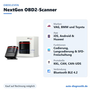 OBDeleven NextGen OBD2-Diagnosegerät mit Übersicht der wichtigsten Funktionen