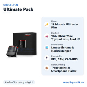 OBDeleven Ultimate Pack Diagnosegerät mit Übersicht der wichtigsten Funktionen
