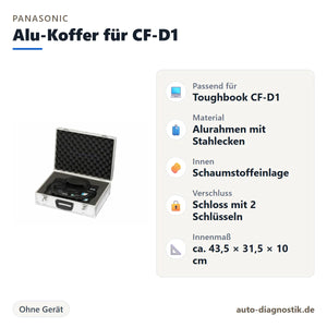 Aluminium-Koffer mit Schaumstoffeinlage für Panasonic CF-D1 mit Übersicht der wichtigsten Eigenschaften