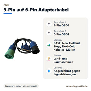 CNH Adapterkabel 9-Pin OBD1 auf 6-Pin OBD2 mit Übersicht der wichtigsten Anschlüsse