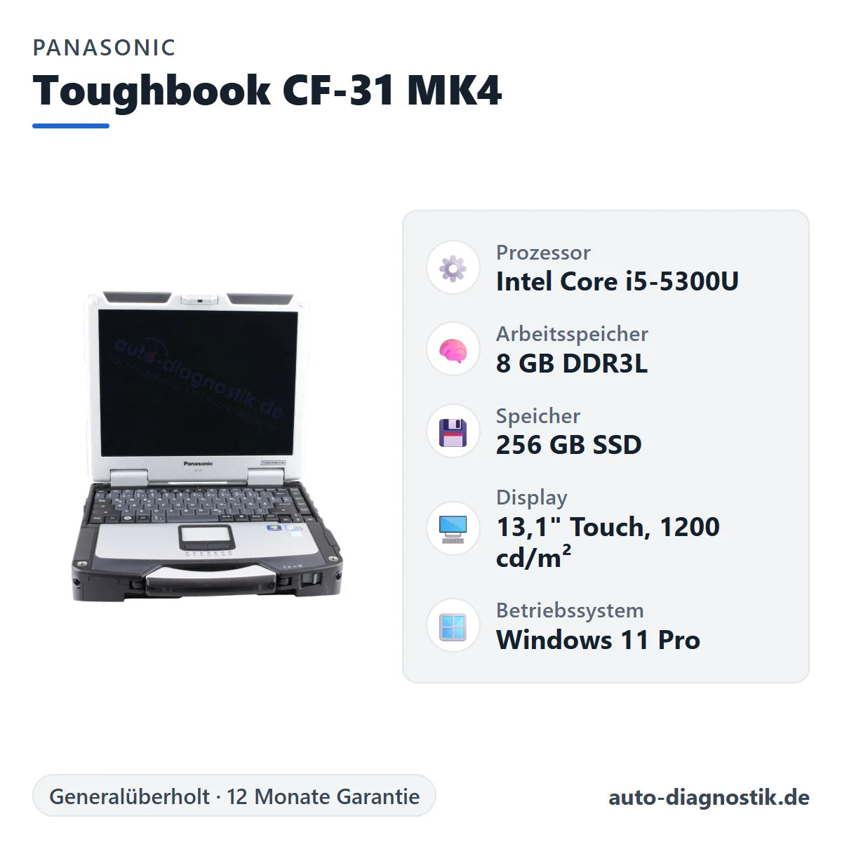Panasonic Toughbook CF-31 MK4 mit Übersicht der wichtigsten technischen Daten