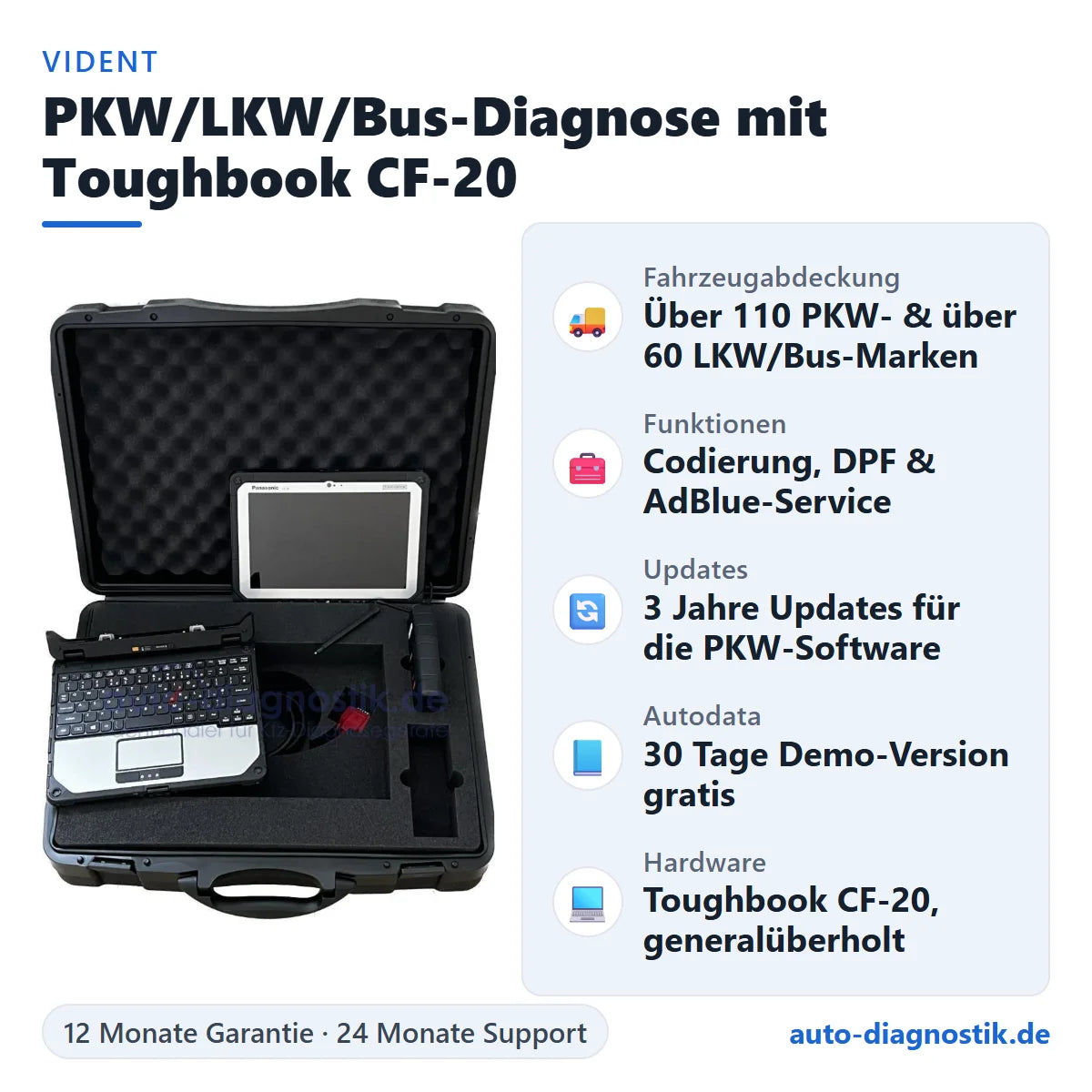 PKW LKW Bus Diagnosegerät mit Toughbook CF-20 mit Übersicht der wichtigsten Funktionen