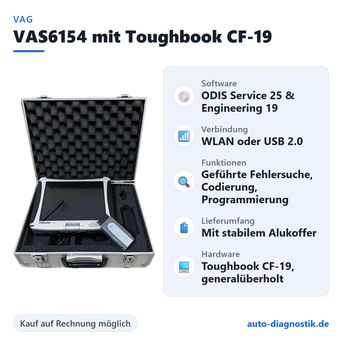 VAS6154 Diagnosegerät mit Panasonic Toughbook CF-19 mit Übersicht der wichtigsten Funktionen