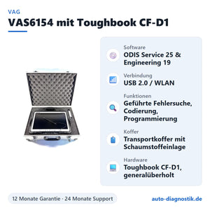 VAS6154 Diagnosegerät mit Panasonic Toughbook CF-D1 mit Übersicht der wichtigsten Funktionen