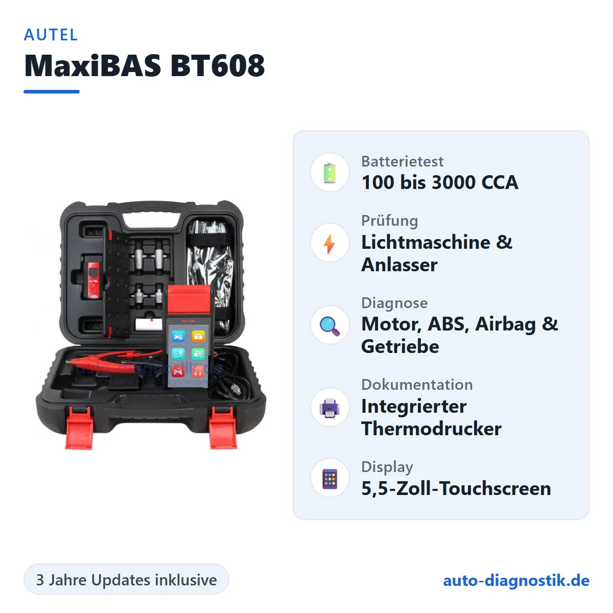 Autel MaxiBAS BT608 mit Übersicht der wichtigsten Funktionen