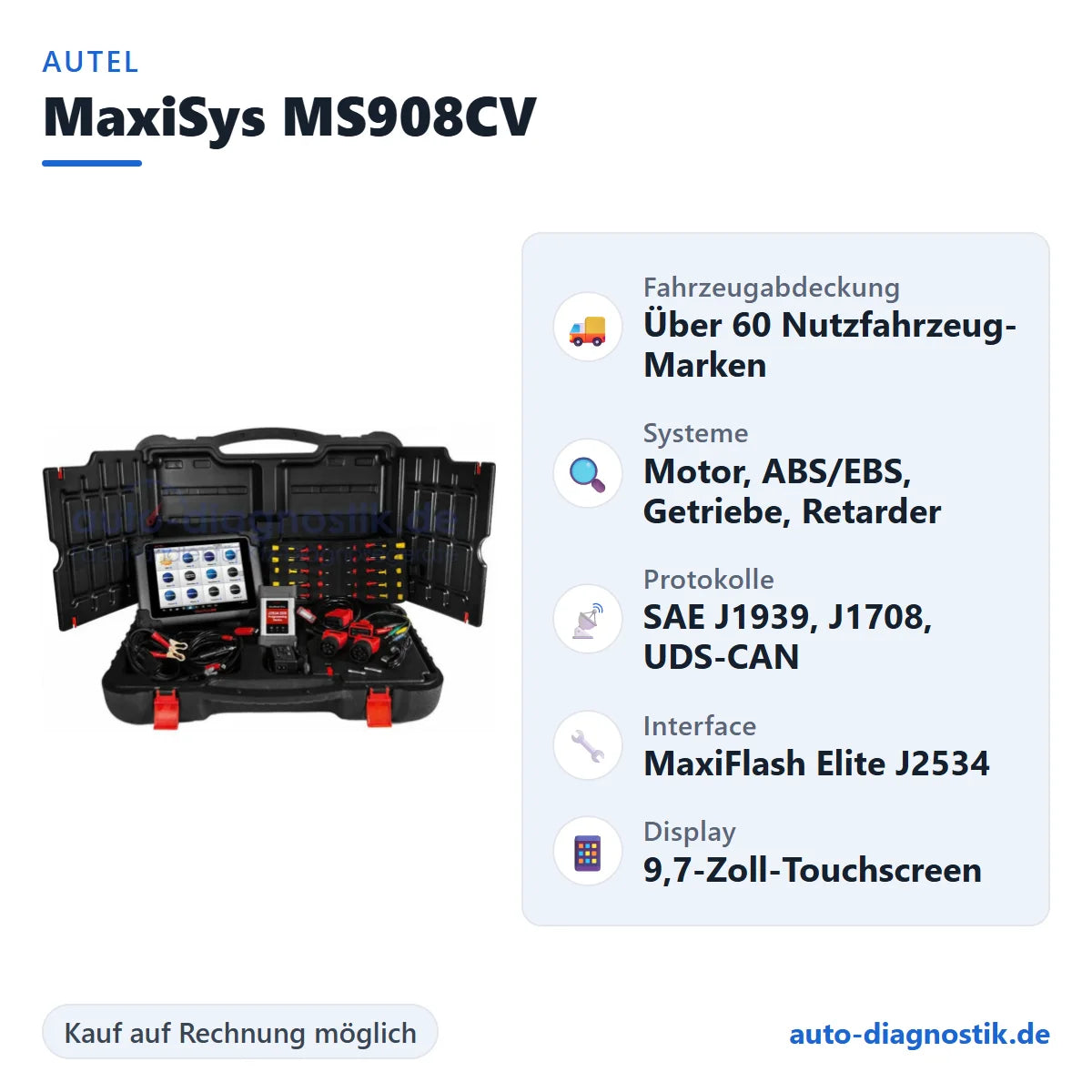 Autel MaxiSys MS908CV mit Übersicht der wichtigsten Funktionen