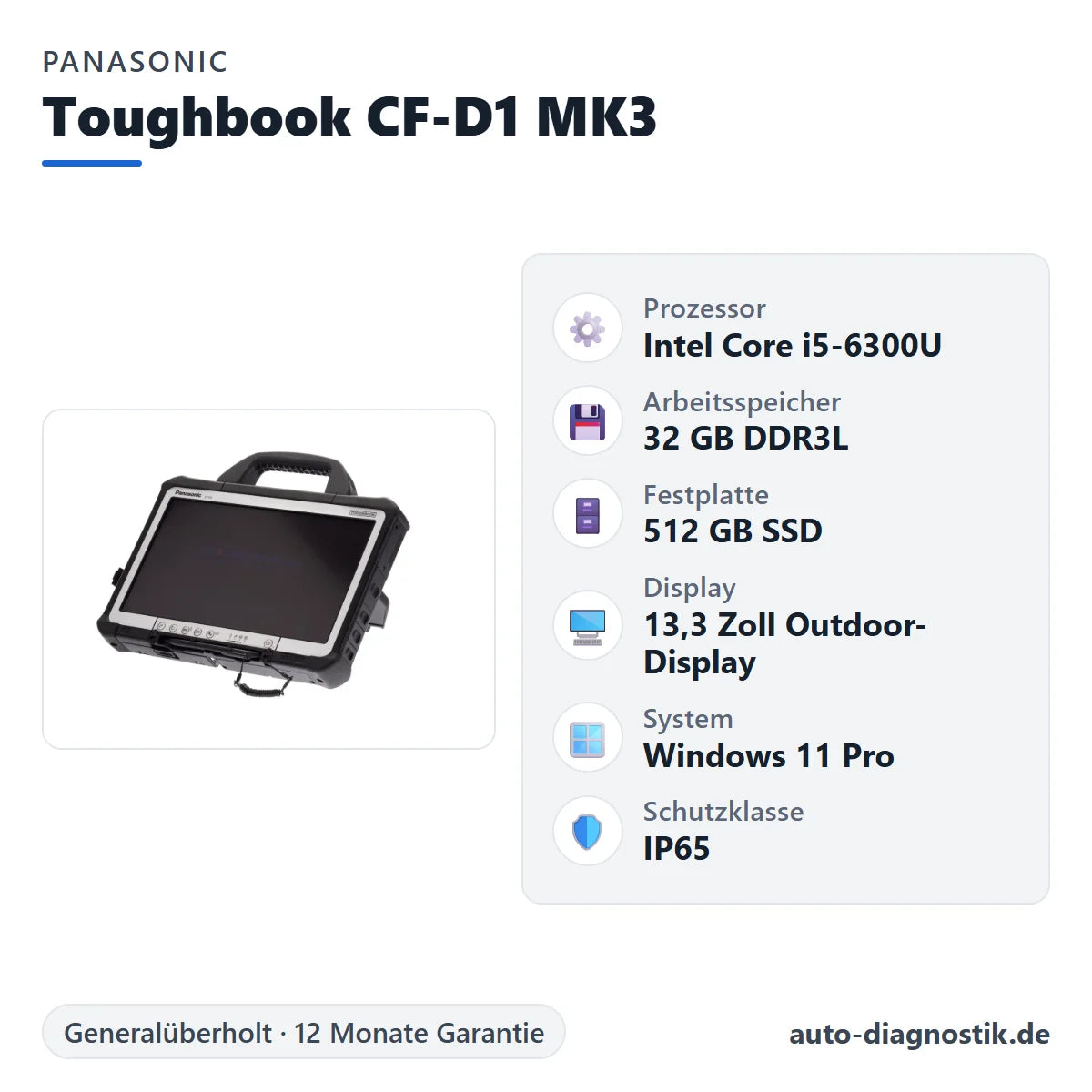 Panasonic Toughbook CF-D1 MK3 mit Übersicht der wichtigsten technischen Daten
