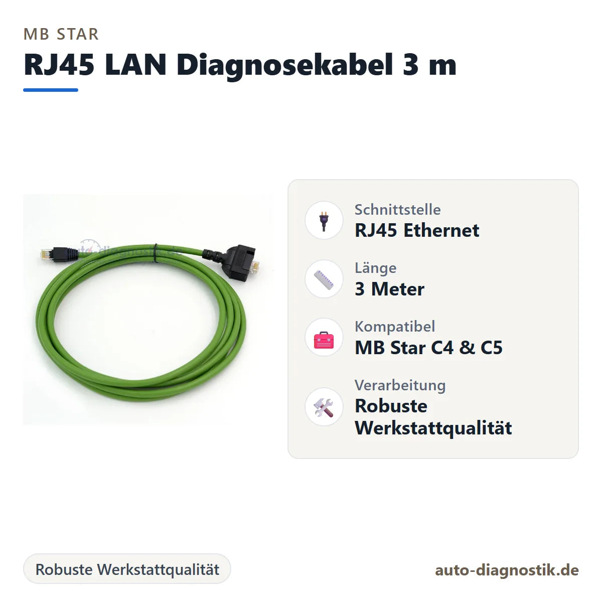 RJ45 LAN Diagnosekabel 3 m für MB Star C4 und C5 mit Übersicht der wichtigsten Eigenschaften
