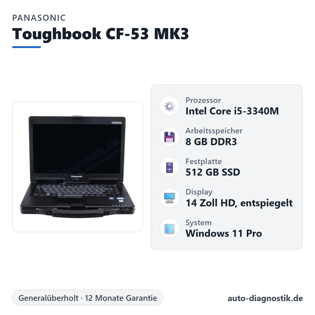 Panasonic Toughbook CF-53 MK3 mit Übersicht der wichtigsten technischen Daten