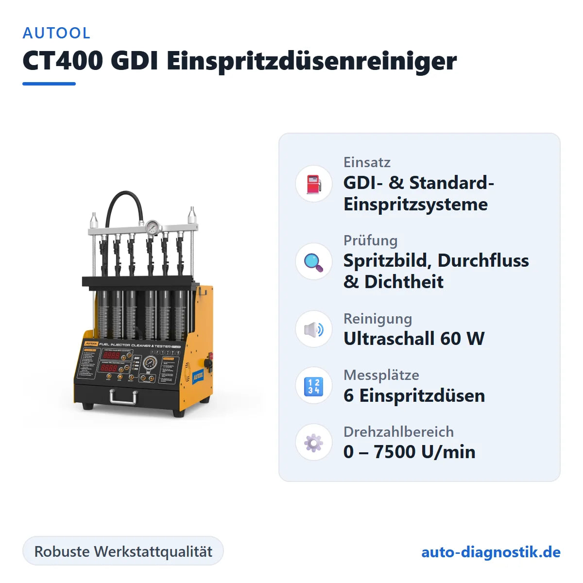 AUTOOL CT400 GDI Einspritzdüsenreiniger und Tester mit Übersicht der wichtigsten Funktionen