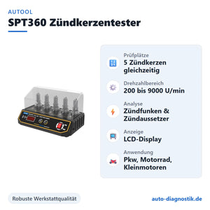 AUTOOL SPT360 Zündkerzentester mit Übersicht der wichtigsten Funktionen