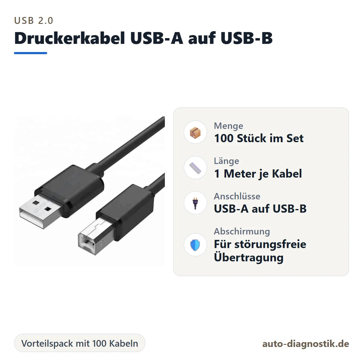 USB-Druckerkabel USB-A auf USB-B im 100er-Set mit Übersicht der wichtigsten Eigenschaften