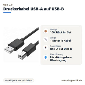 USB-Druckerkabel USB-A auf USB-B im 100er-Set mit Übersicht der wichtigsten Eigenschaften