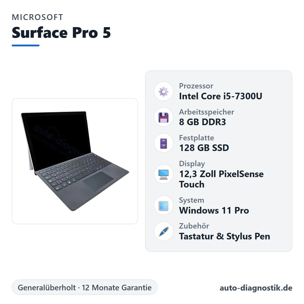Microsoft Surface Pro 5 mit Übersicht der wichtigsten technischen Daten