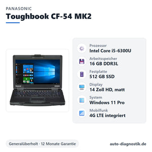 Panasonic Toughbook CF-54 MK2 mit Übersicht der wichtigsten technischen Daten