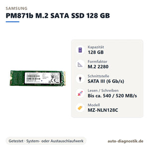 Samsung PM871b M.2 SATA SSD 128 GB mit Übersicht der wichtigsten technischen Daten