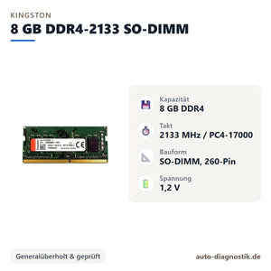Kingston 8 GB DDR4-2133 SO-DIMM Notebook-Arbeitsspeicher mit Übersicht der wichtigsten technischen Daten