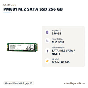 Samsung PM881 M.2 SATA SSD 256 GB mit Übersicht der wichtigsten technischen Daten