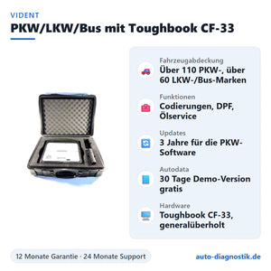 Vident PKW LKW Bus Diagnosegerät mit Panasonic Toughbook CF-33 mit Übersicht der wichtigsten Funktionen
