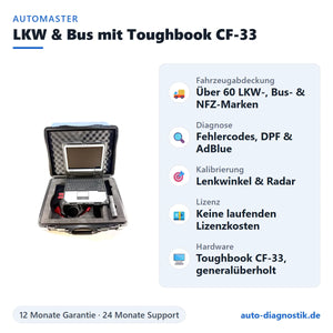 Automaster LKW und Bus Diagnosegerät mit Panasonic Toughbook CF-33 mit Übersicht der wichtigsten Funktionen