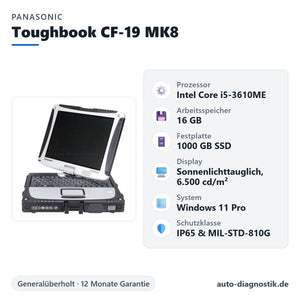 Panasonic Toughbook CF-19 MK8 mit Übersicht der wichtigsten technischen Daten
