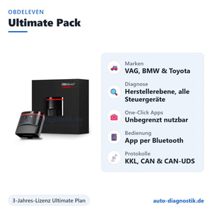OBDeleven NextGen Ultimate Pack mit Übersicht der wichtigsten Funktionen