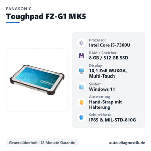 Panasonic Toughpad FZ-G1 MK5 mit Übersicht der wichtigsten technischen Daten