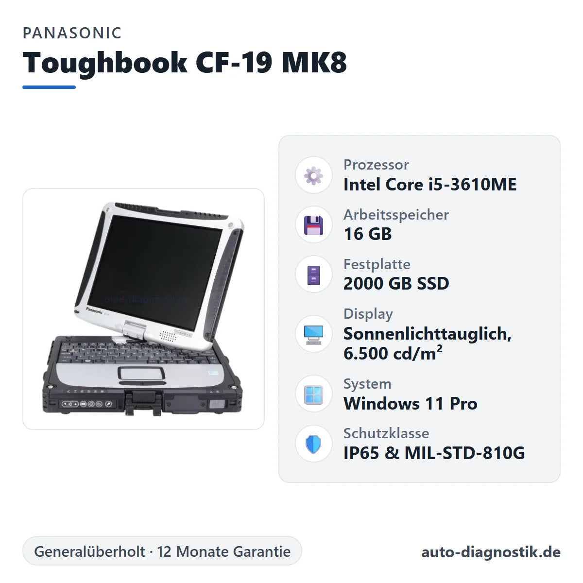 Panasonic Toughbook CF-19 MK8 mit Übersicht der wichtigsten technischen Daten