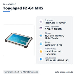 Panasonic Toughpad FZ-G1 MK5 mit Übersicht der wichtigsten technischen Daten