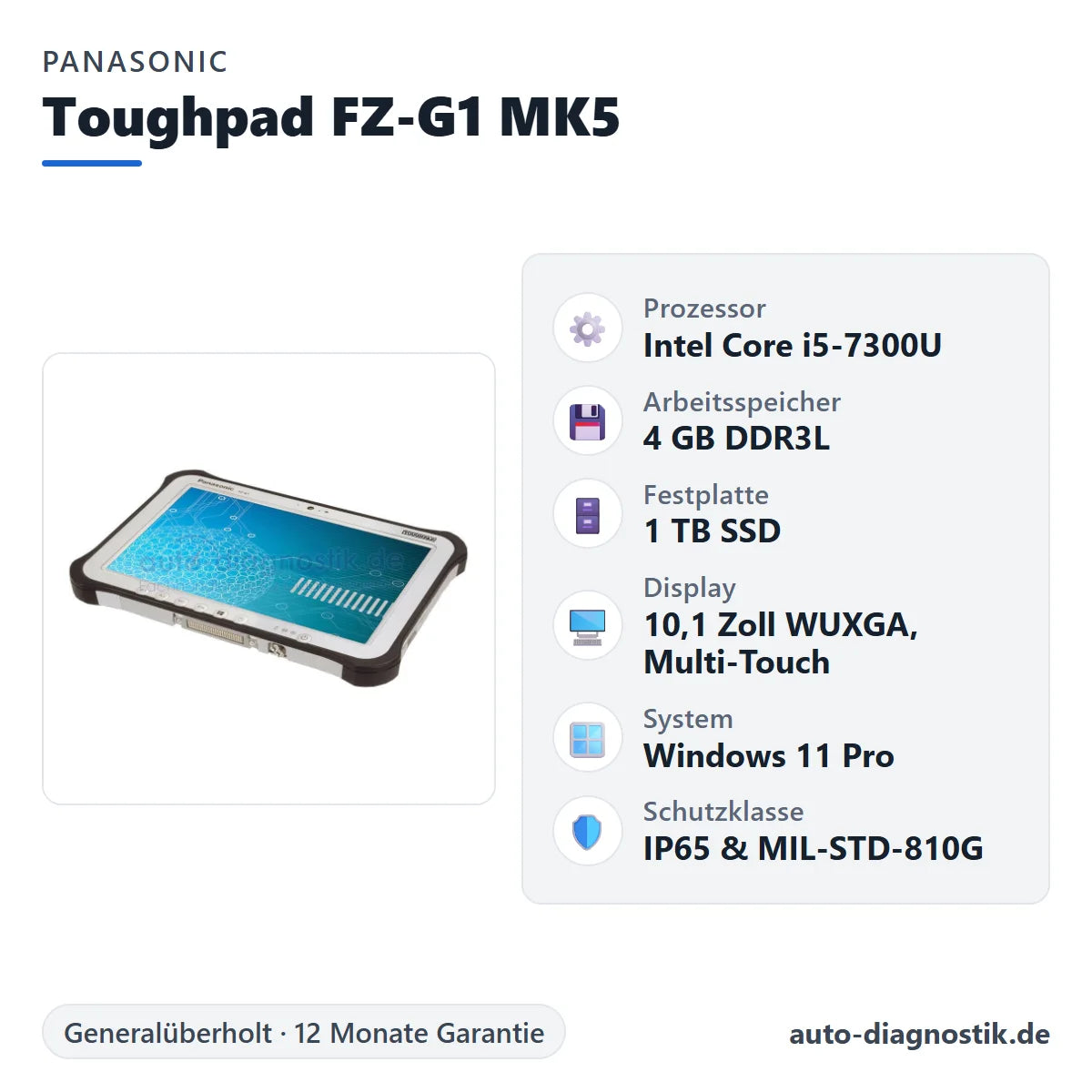 Panasonic Toughpad FZ-G1 MK5 mit Übersicht der wichtigsten technischen Daten